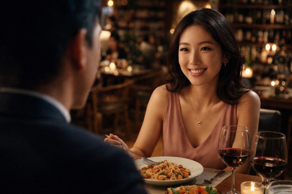 一對一實體約會服務情境示意圖:女性在義式餐廳與男生面對面用餐互動